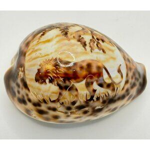 Vintage Souvenir Carved Spotted Cowrie Shell With African Lion Motif
